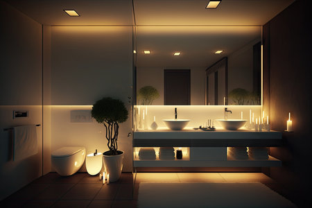 modern bathroom, with sleek and minimalist design, illuminated by candlelight, created with generative aiの素材