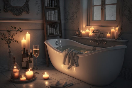 bathroom with luxurious bathtub, candles, and glass of wine for relaxing evening, created with generative aiの素材