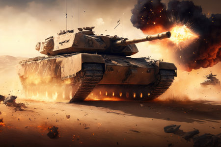 battle tank firing massive cannon at enemy position, smoke and flames visible in the background, created with generative aiの素材