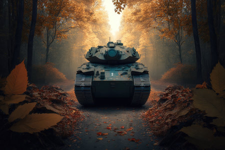 tank driving through a forest, with autumn leaves on the ground, created with generative aiの素材