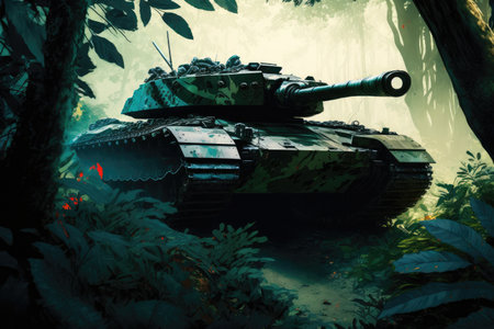 battle tank making its way through dense jungle, foliage brushing against its exterior, created with generative aiの素材