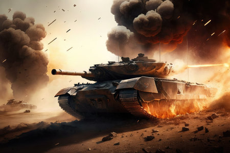 battle tank on battlefield, with flames and smoke in the background, created with generative aiの素材