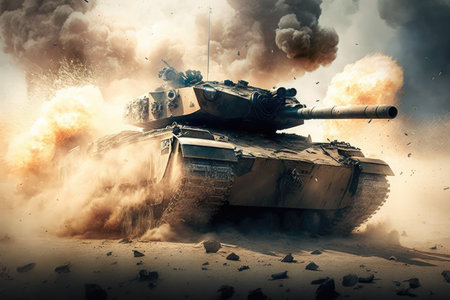 battle tank driving through a battlefield, with smoke rising from the cannon fire, created with generative aiの素材