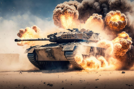 battle tank firing cannon, with smoke and flames visible, created with generative aiの素材