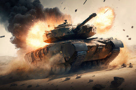 battle tank in full battle mode, firing at its enemy with a barrage of bullets and shells, created with generative aiの素材