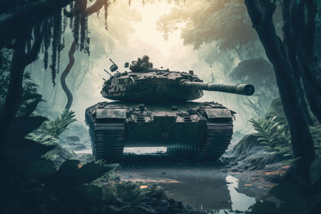 battle tank navigating through dense jungle, ready for battle, created with generative aiの素材