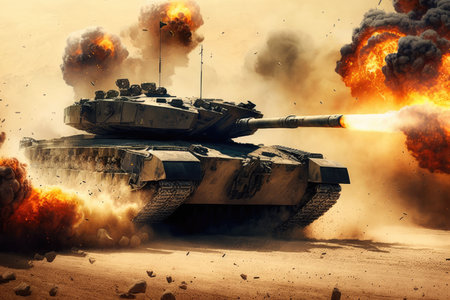 battle tank, rolling through battlefield in the heat of battle, smoke and flames filling the air, created with generative aiの素材