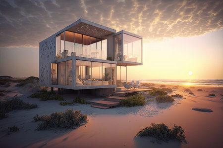 detached beachside villa with floor-to-ceiling windows for unparalleled view of the ocean and sunrise, created with generative aiの素材