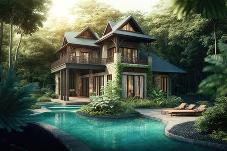 luxury villa with private pool and hot tub, surrounded by lush vegetation, created with generative aiの素材