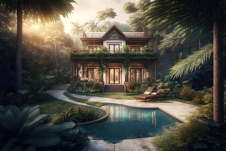 luxury villa with private pool and hot tub, surrounded by lush vegetation, created with generative aiの素材