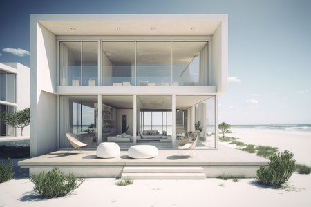 modern beachfront villa with sleek and minimalist design, featuring clean lines and neutral tones, created with generative aiの素材