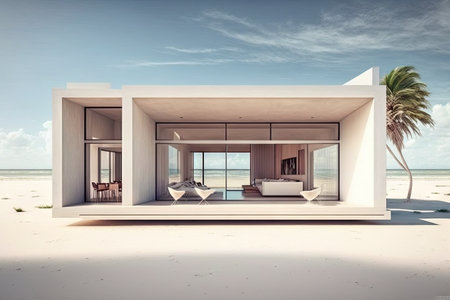 a beachfront villa with a minimalist interior, featuring clean lines and contemporary design elements, created with generative aiの素材
