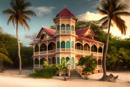 beachfront villa with luxurious bed & breakfast amenities for true island getaway, created with generative aiの素材