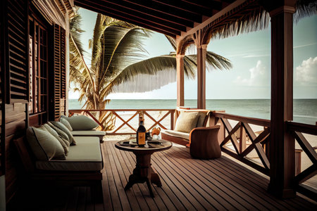 relaxing on the deck of beachfront villa, overlooking the sea and palm trees, created with generative aiの素材