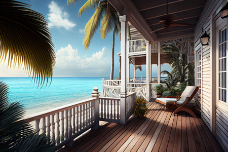 relaxing on the deck of beachfront villa, overlooking the sea and palm trees, created with generative aiの素材