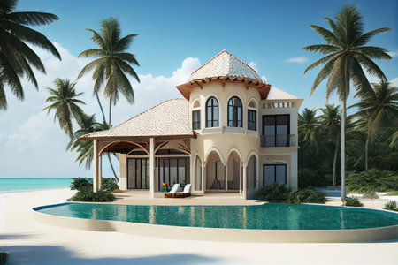 beachfront villa with private pool and palmtrees, created with generative aiの素材