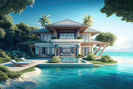 luxury beachfront villa, with infinity pool and private sunbathing area, surrounded by tropical landscape, created with generative aiの素材
