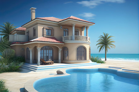 beachfront villa with private pool, perfect for swimming and sunbathing, created with generative aiの素材