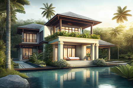 luxury beachfront villa with private pool, surrounded by lush greenery, created with generative aiの素材