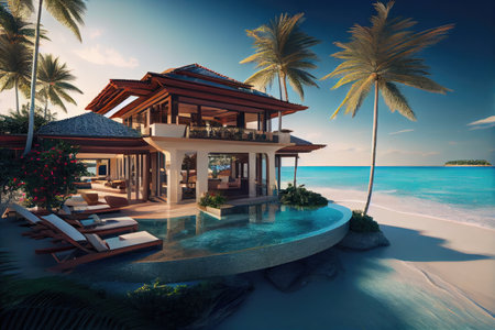 luxury beachfront villa with infinity pool and scenic views, created with generative aiの素材