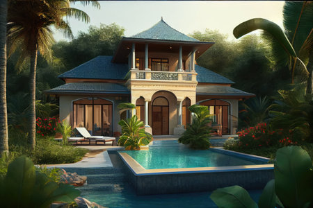 luxurious beachfront villa, with private pool and hot tub, surrounded by tropical gardens, created with generative aiの素材