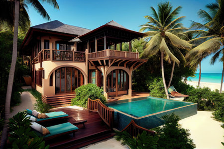 luxurious beachfront villa, with private pool and hot tub, surrounded by tropical gardens, created with generative aiの素材