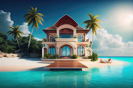 beachfront villa with infinity pool, providing a relaxing setting for guests, created with generative aiの素材