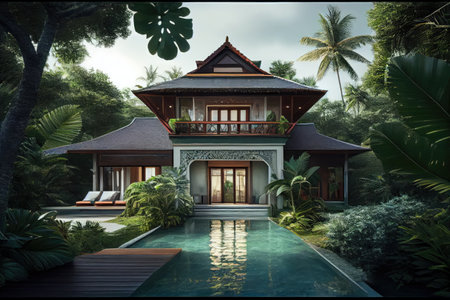 beachfront villa with private pool surrounded by lush greenery, created with generative aiの素材