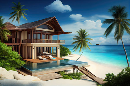 luxury beachfront villa with private infinity pool and deck, surrounded by tropical landscape, created with generative aiの素材