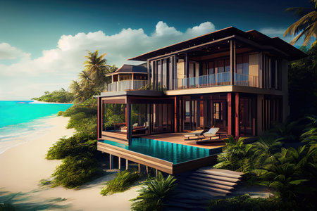 luxury beachfront villa with private infinity pool and deck, surrounded by tropical landscape, created with generative aiの素材