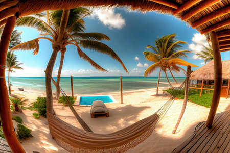 palm-lined beachfront villa, with hammock and private pool, created with generative aiの素材