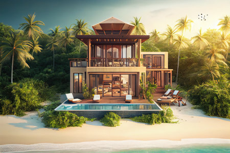 luxury beachfront villa, with private pool and hot tub, surrounded by lush greenery, created with generative aiの素材