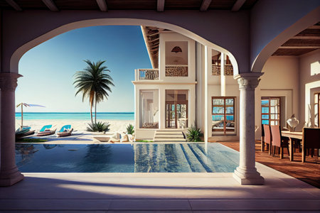luxurious beachfront villa, with private pool and scenic view of the ocean, created with generative aiの素材