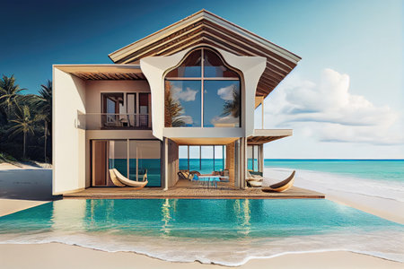 beachfront villa with infinity pool, providing a serene escape, created with generative aiの素材
