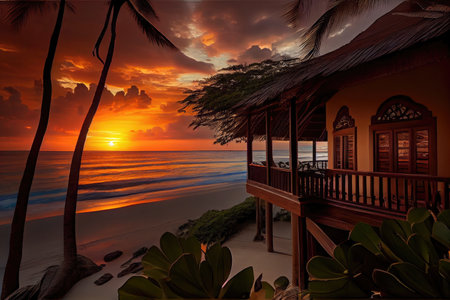 beachfront villa, with stunning view of sunset over the ocean, created with generative aiの素材