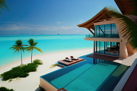luxurious beachfront villa, with infinity pool and breathtaking ocean views, created with generative aiの素材