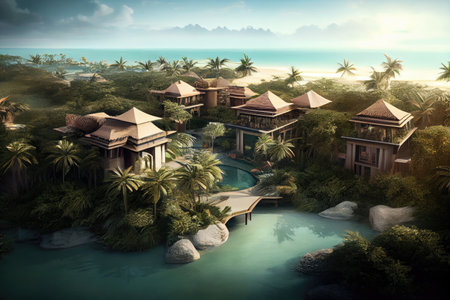 luxury resort with beachfront villas and infinity pools surrounded by greenery, created with generative aiの素材