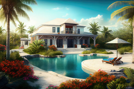 luxury beachfront villa, with private pool and hot tub, surrounded by lush greenery, created with generative aiの素材