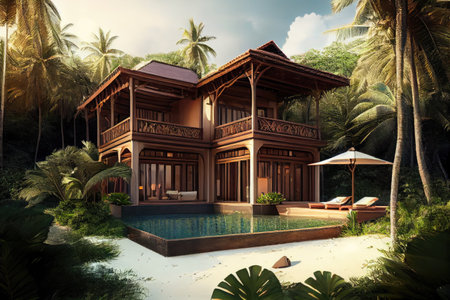 luxurious beachfront villa, with private pool and hot tub, surrounded by lush tropical gardens, created with generative aiの素材