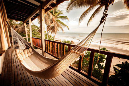 relaxing hammock on verandah of beachfront villa, with ocean waves in the background, created with generative aiの素材