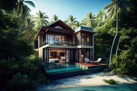 luxurious beachfront villa with private infinity pool, surrounded by lush greenery, created with generative aiの素材