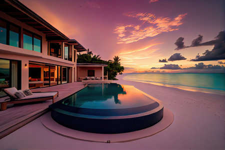 luxury beachfront villa with private infinity pool and hot tub, created with generative aiの素材