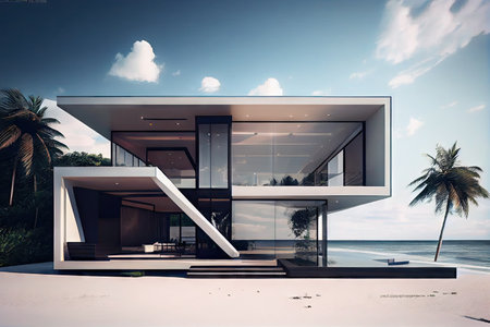 modern beachfront villa, with sleek design and minimalist decor, created with generative aiの素材