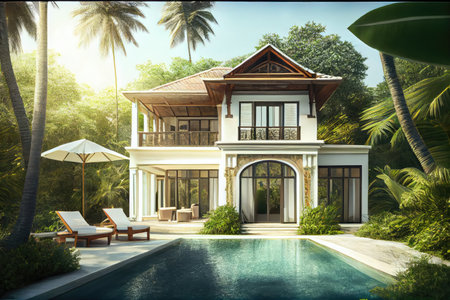 beachfront villa with private pool, surrounded by lush greenery, created with generative aiの素材