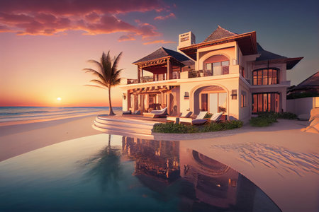 luxurious beachfront villa with private pool, infinity edge, and sunset views, created with generative aiの素材