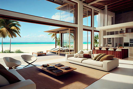 luxurious beachfront villa with stunning views and modern interiors, created with generative aiの素材