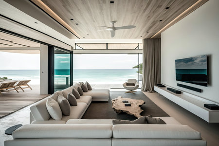 beachfront villa with sleek and modern interior design, featuring minimalist furniture and natural accents, created with generative aiの素材