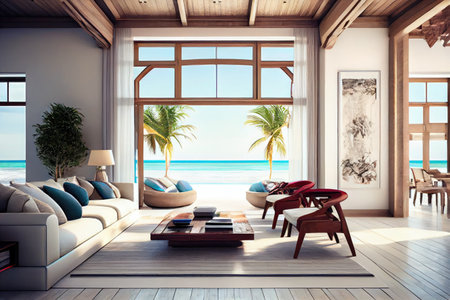 luxurious beachfront villa interior with sleek furniture and modern amenities, including private swimming pool and hot tub, created with generative aiの素材