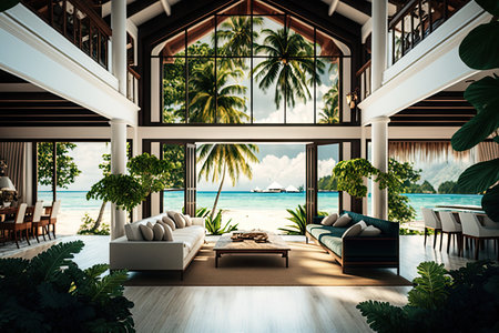 tropical beachfront villa with open view of the ocean and lush vegetation, created with generative aiの素材
