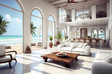luxurious villa, with marble floors and designer fixtures, overlooking the beach, created with generative aiの素材
